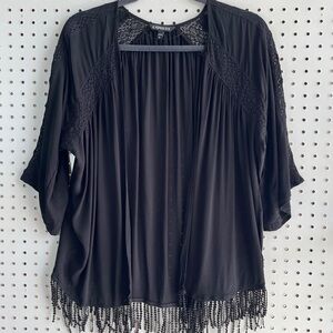 Express Light Boho Coverup Cardigan Size XS Black Tassel 3/4 Kimono Sleeve Flowy